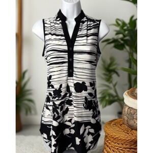 PerSeption Concept Henley Blouse Women S Black White Floral Stripe Sleeveless